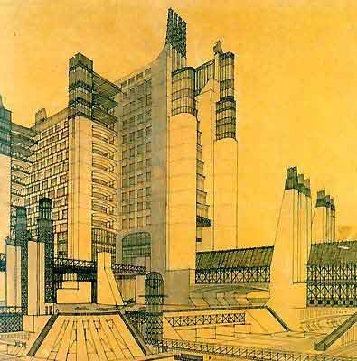Antonio Sant'Elia, Casamento con ascensori esterni, galleria, passaggio coperto, su tre piani stradali (linea ferroviaria, strada per automobili, passerella metallica), faro e telegrafo senza fili, 1914.
